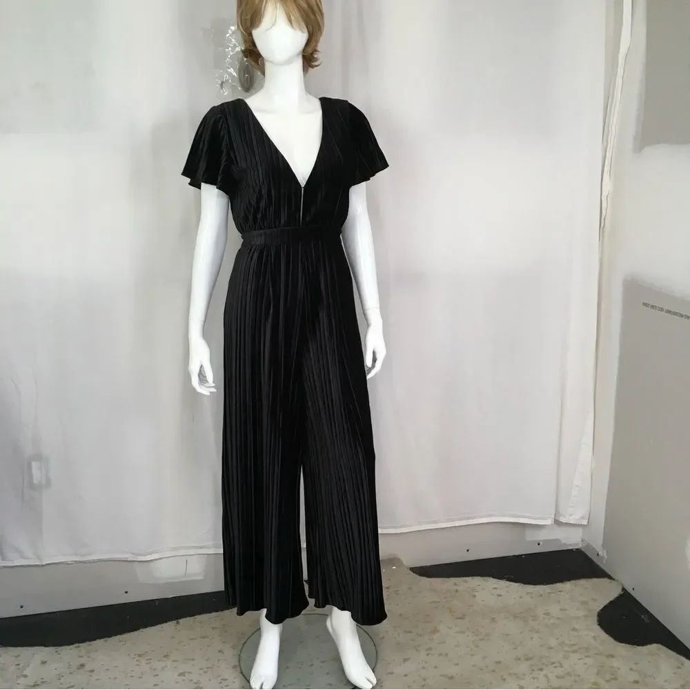 MINKPINK Black Lex Velvet V-Neck Wide Leg Cropped  Back Tasseled Tie Jumpsuit S